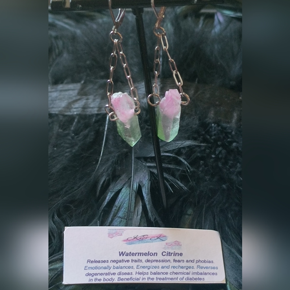 Genuine Watermelon Tourmaline Crystal Point Chandelier  Earrings.